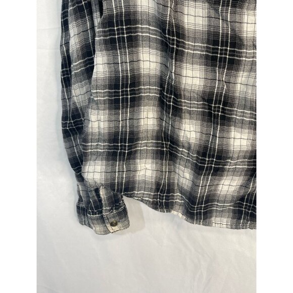 Long sleeve button up shirt v-neck plaid pleated black no size tag large READ - Picture 1 of 4